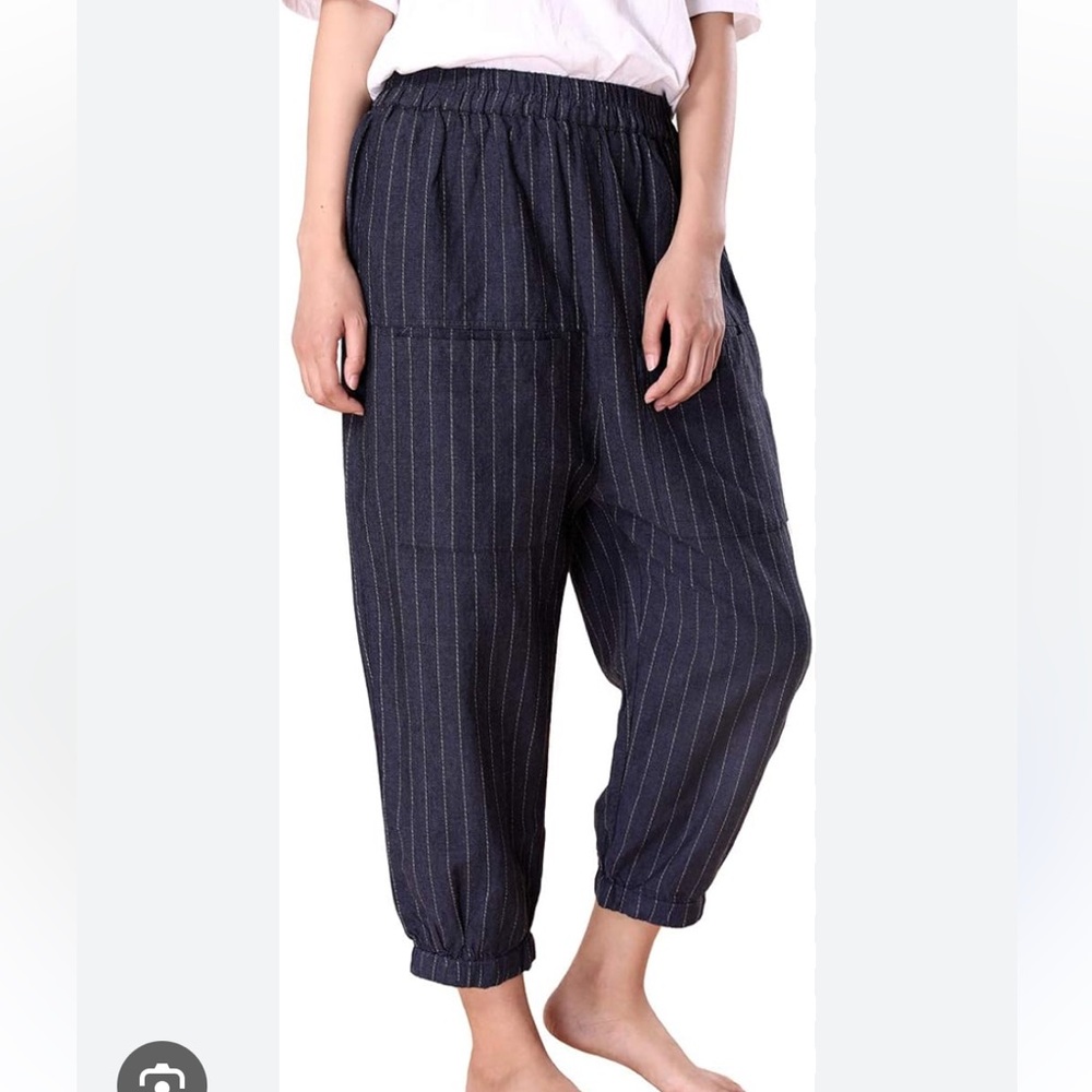 Buykud Summer Women Loose Stripe Blue Lantern Pants size XL